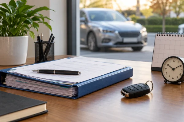 Dosar de despăgubire auto, calendar și ceas pe birou
