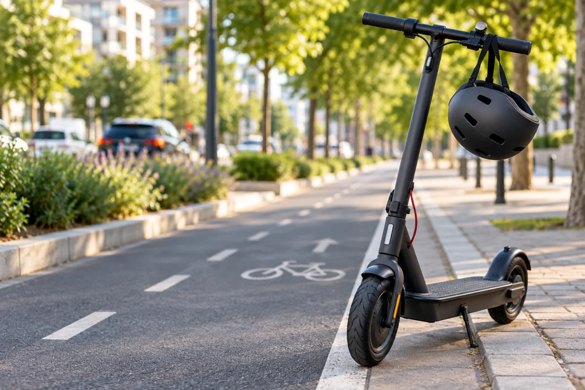 Trotinetă electrică parcată pe marginea unei alei urbane