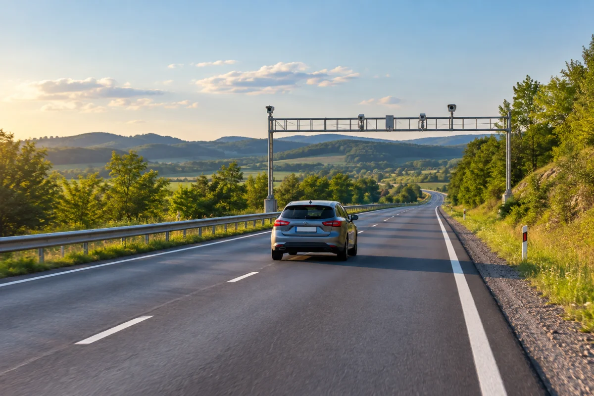 Autoturism pe un drum național cu echipament de monitorizare